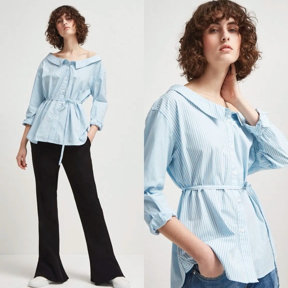 French Connection Seranna Stripe Tie Waist Button Up Shirt Size M - Picture 1 of 12